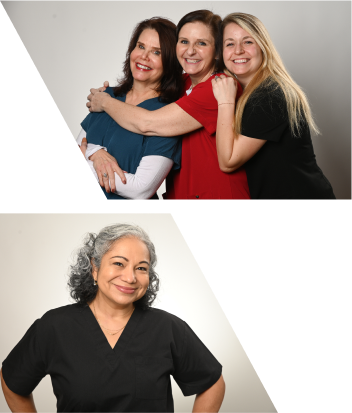 A nurse smiling with hands on her hips, Three nurses smiling and embracing